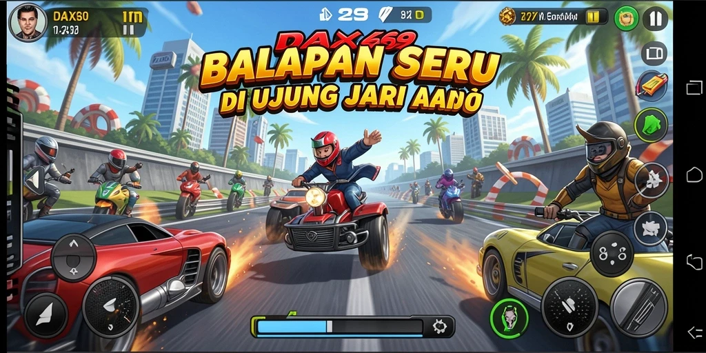 Tampilan gameplay seru dan menegangkan di DAX69 dengan mobil balap berkualitas.