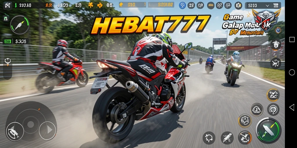 Tangkapan layar gameplay HEBAT777 menampilkan balap motor yang mendebarkan.