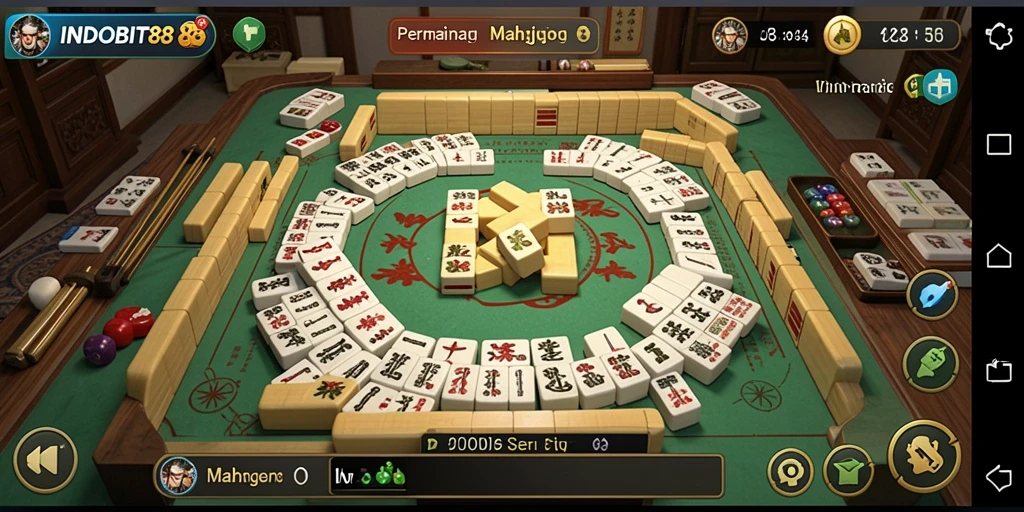 Screenshot gameplay utama INDOBIT88 menunjukkan momen seru saat mencocokkan ubin Mahjong.